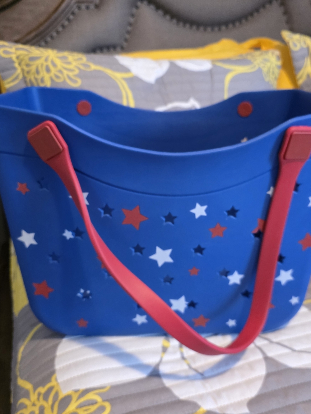 Blue Star-Pattern Tote Bag with Pink Handles